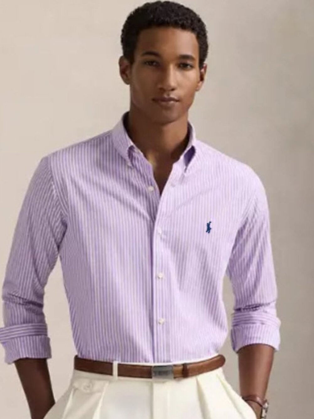 Polo Ralph Lauren Slim Fit Striped Poplin Shirt Lavender White Large